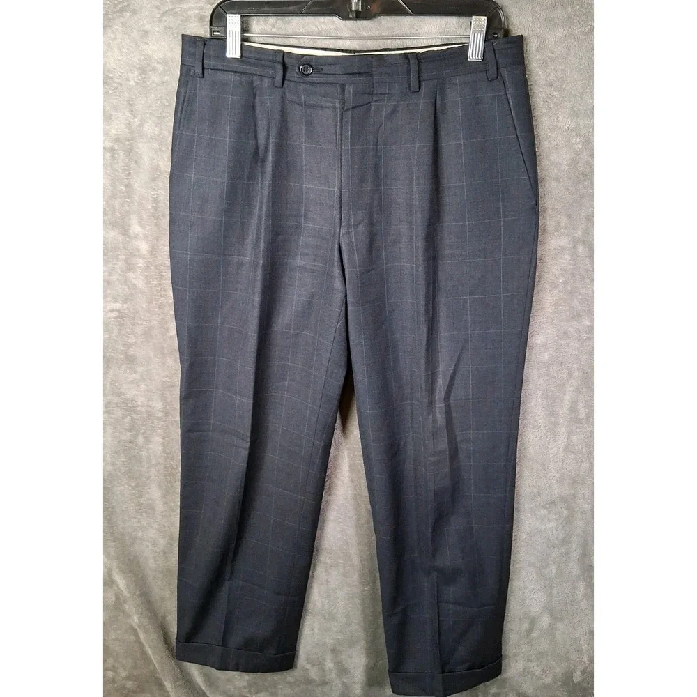 Canali Dress Pants Mens 34x28 Charcoal Gray Windowpane Cuffed Suit Pants